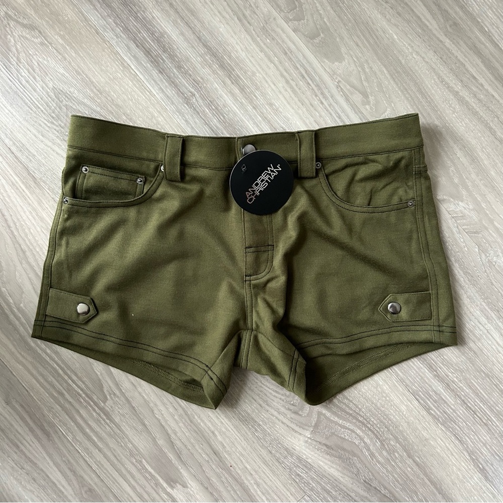 SOLD Andrew Christian | SoHo 3" Stretch Shorts in Olive Green (Medium / 32W) - Picture 9 of 13
